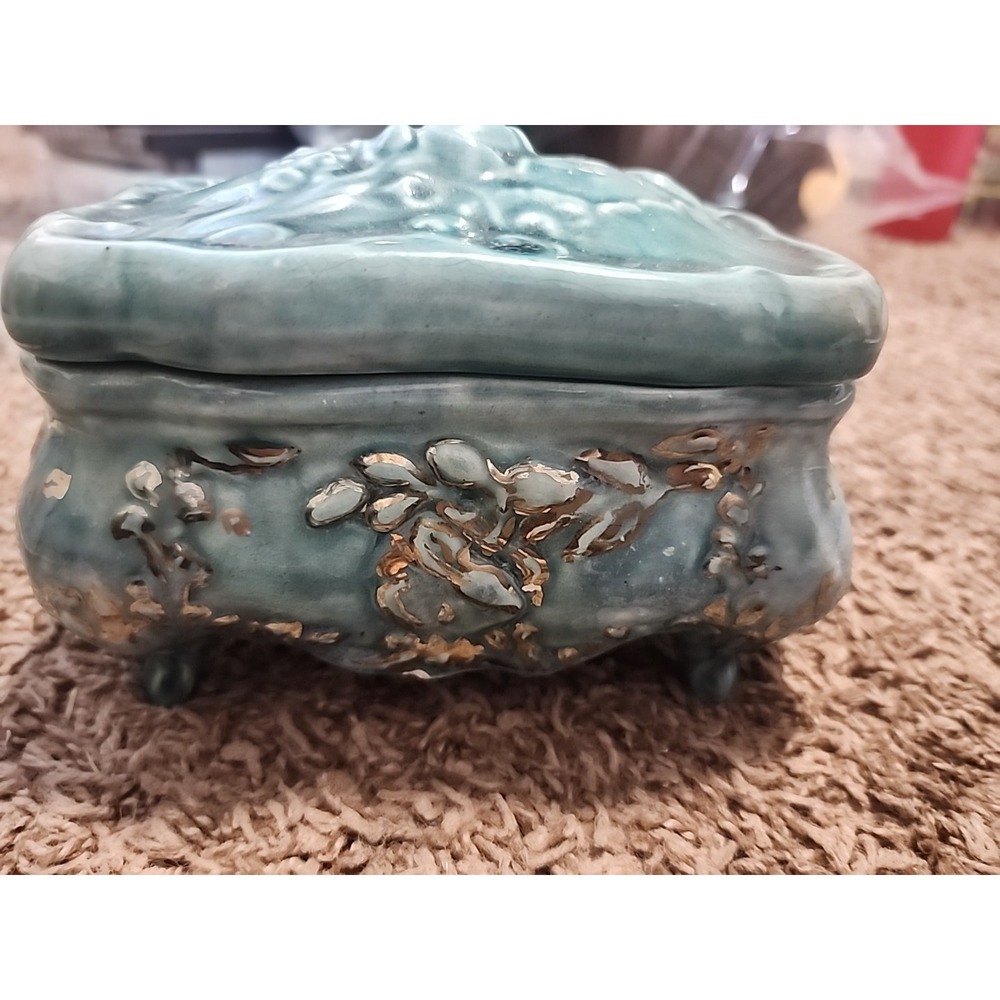 Asian Inspired Ceramic Trinket Box Turquoise Brown 5 1/2"x4" - Picture 3 of 7